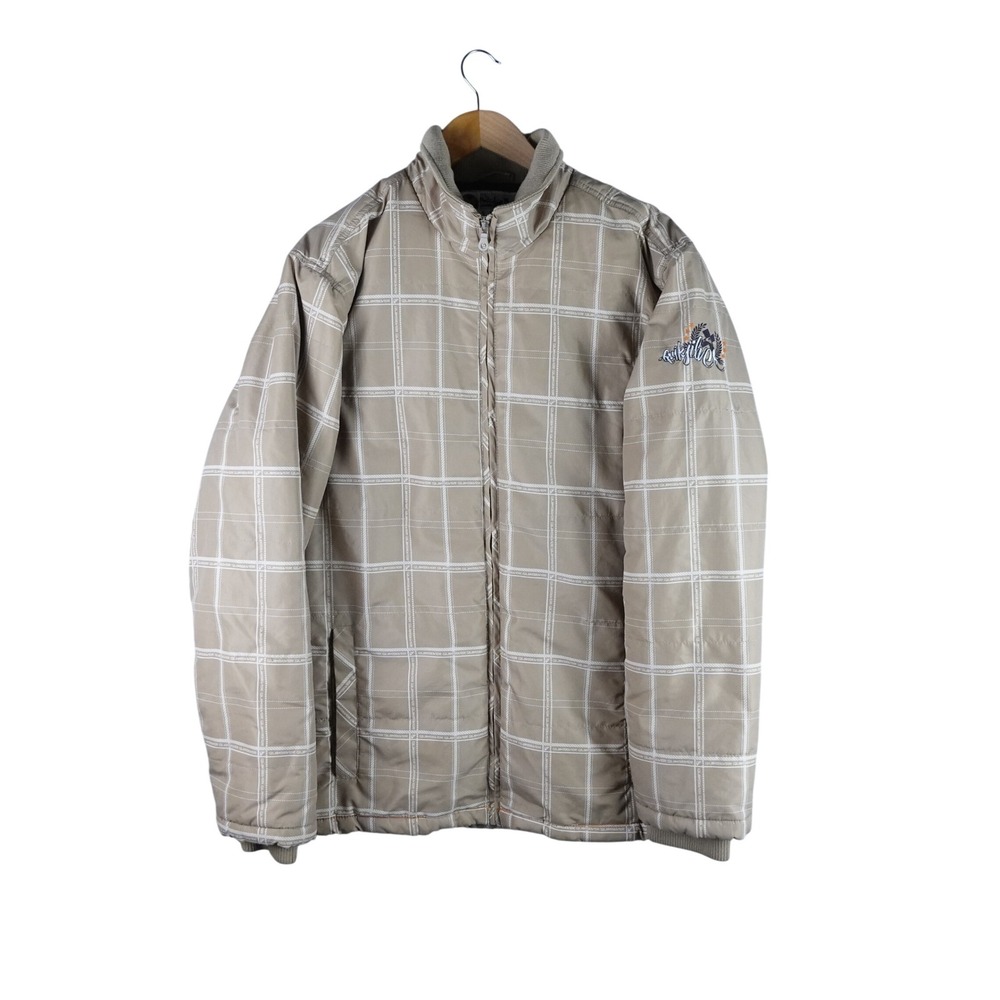Vintage Quiksilver Mens L Tan Grid‎ Pattern Full Zip Fleece Lined Puffer Jacket